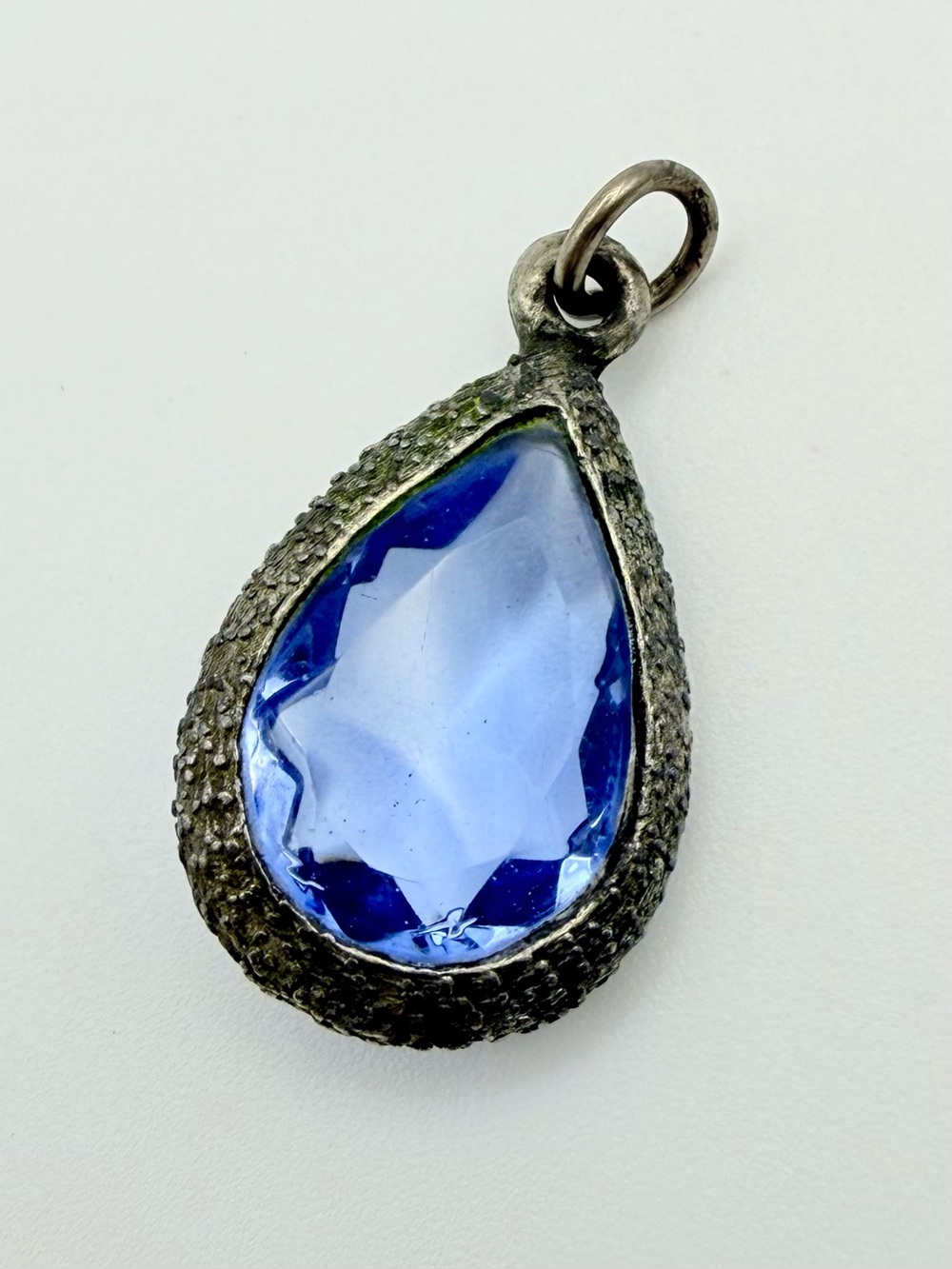 Antique Art Deco Silver Tone Blue Glass Tear Drop Pendant